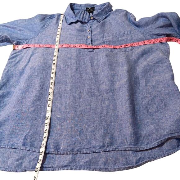 JNY 100% Linen Blouse Top 2X‎ Blue Popover Roll Tab Sleeves Casual Career Office - Picture 4 of 9